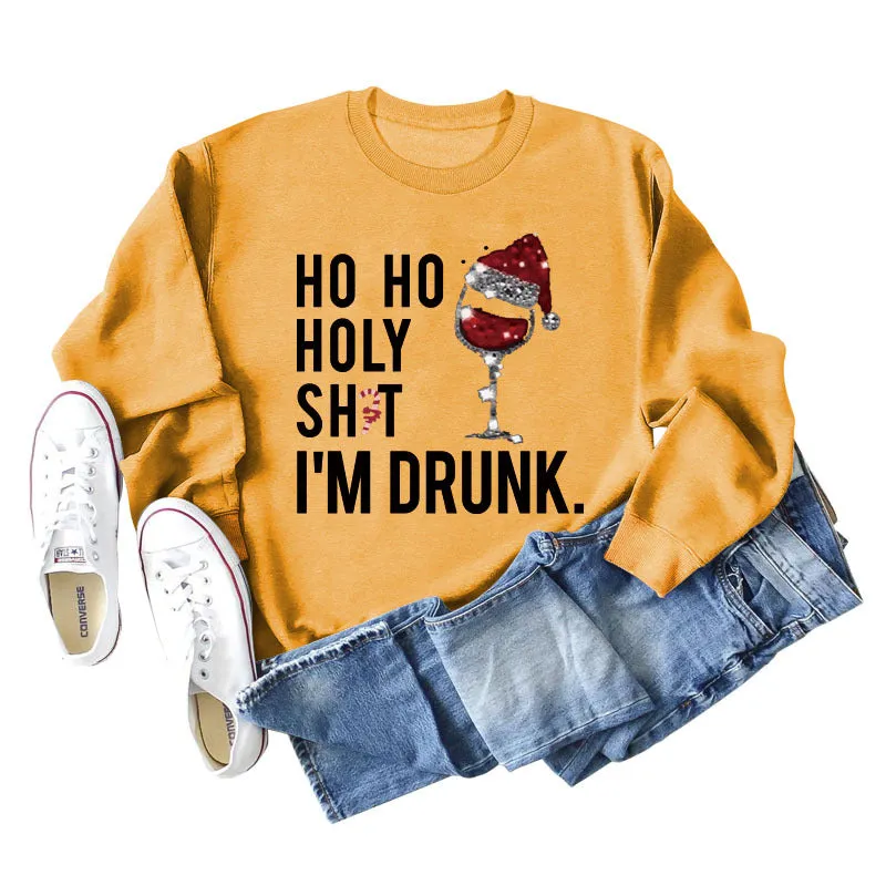 Ho Ho Holly Sht Red Wine Cup Christmas Hat Letter Fashion Autumn Winter Long Sleeve Sweatshirt