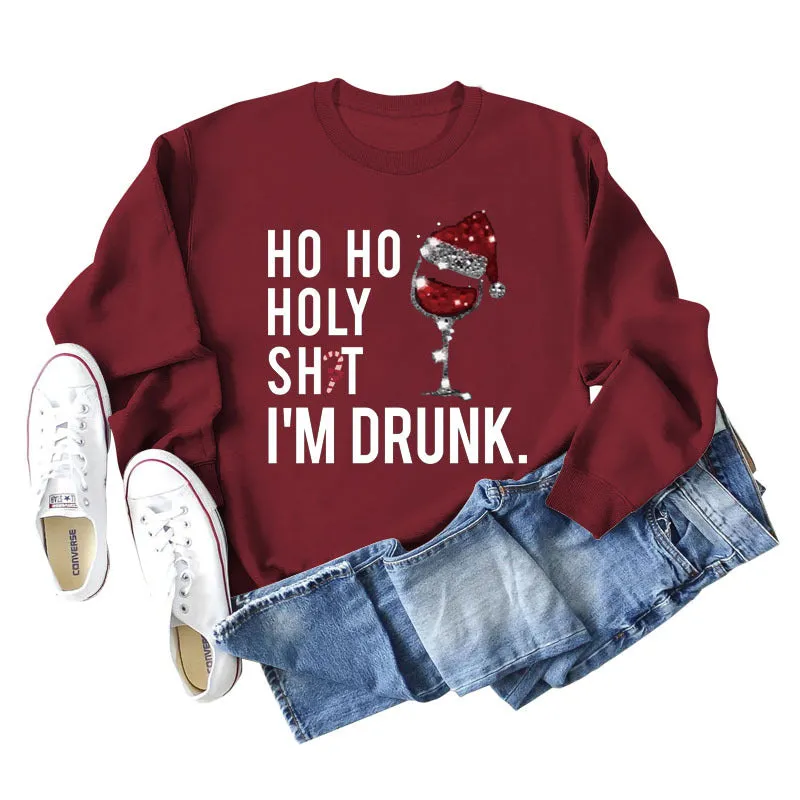 Ho Ho Holly Sht Red Wine Cup Christmas Hat Letter Fashion Autumn Winter Long Sleeve Sweatshirt