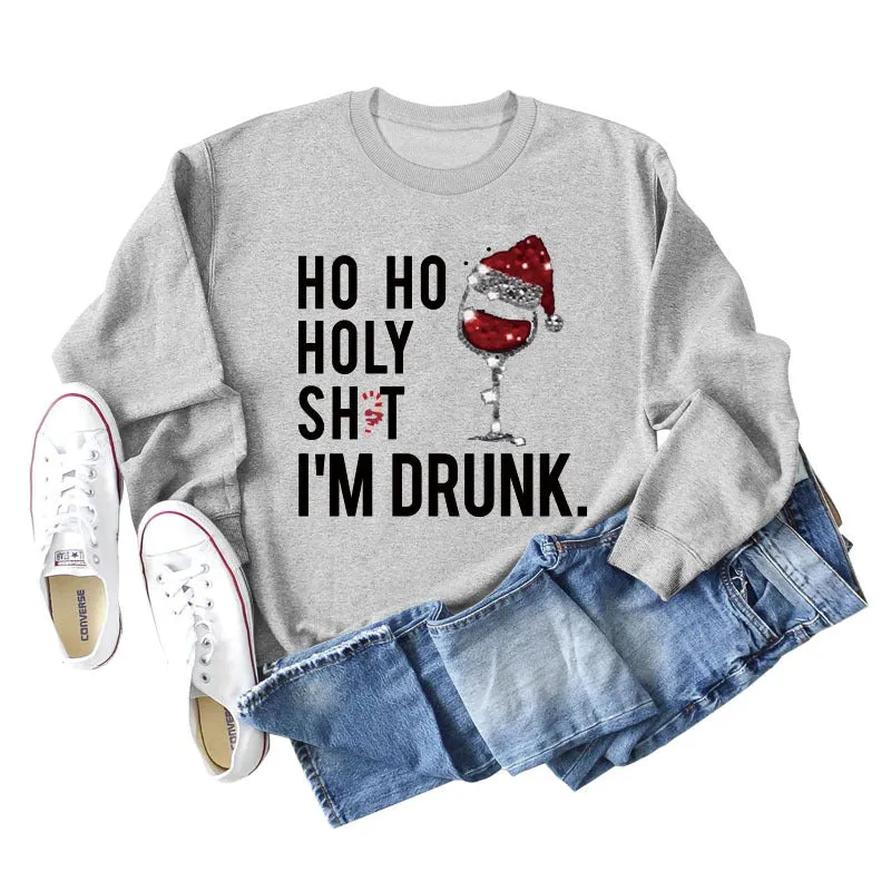 Ho Ho Holly Sht Red Wine Cup Christmas Hat Letter Fashion Autumn Winter Long Sleeve Sweatshirt