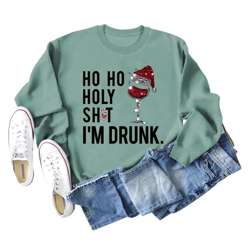 Ho Ho Holly Sht Red Wine Cup Christmas Hat Letter Fashion Autumn Winter Long Sleeve Sweatshirt