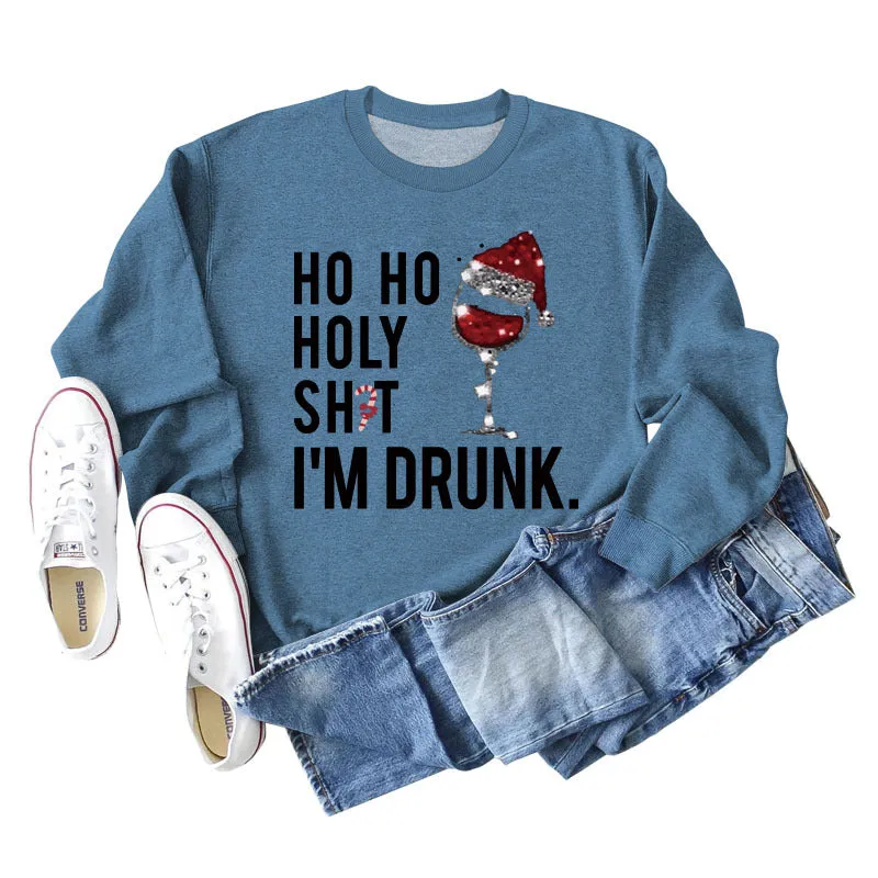 Ho Ho Holly Sht Red Wine Cup Christmas Hat Letter Fashion Autumn Winter Long Sleeve Sweatshirt