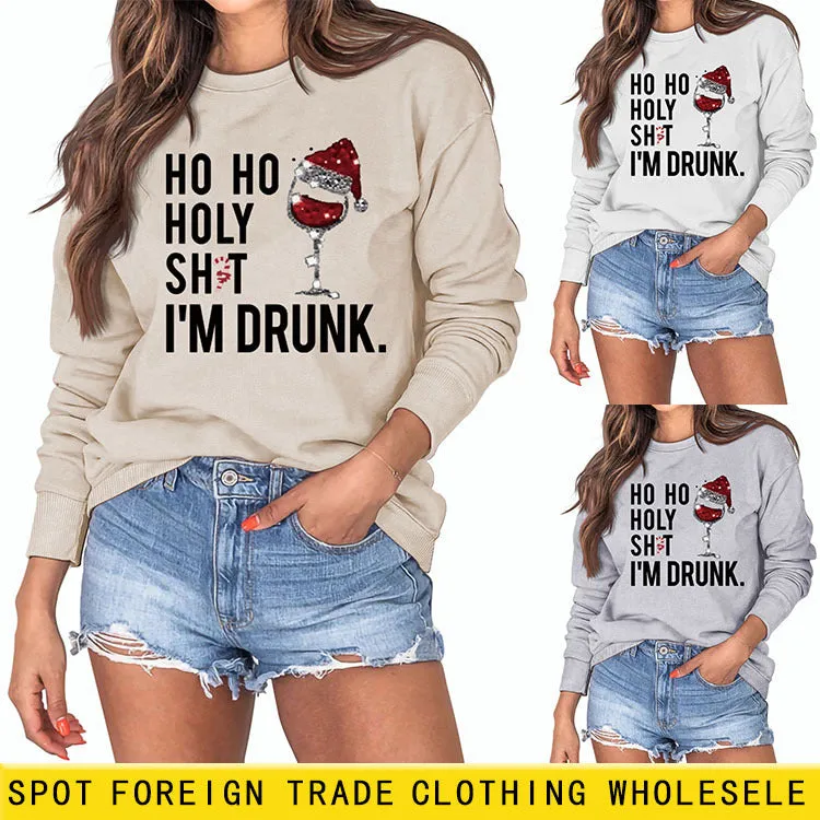 Ho Ho Holly Sht Red Wine Cup Christmas Hat Letter Fashion Autumn Winter Long Sleeve Sweatshirt