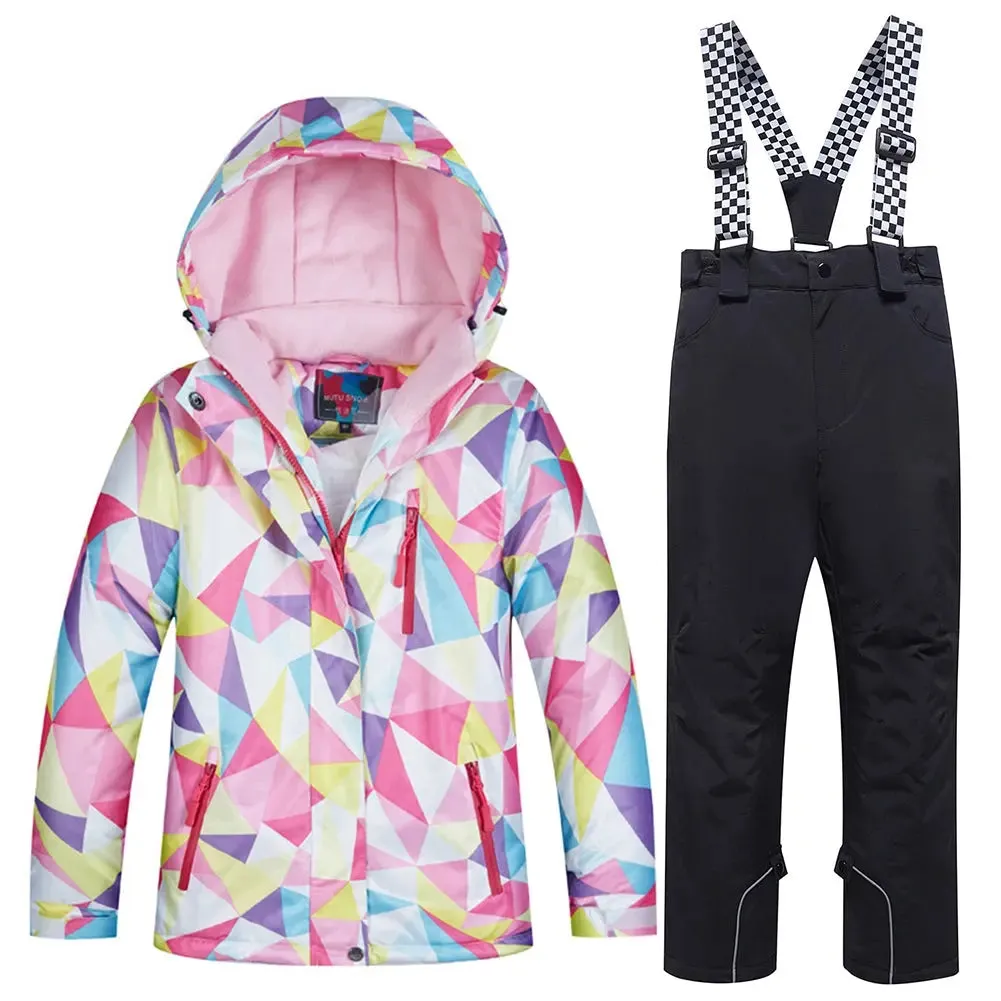 Kids Printed Insulated Snow Coat & Bibs Pants Windproof