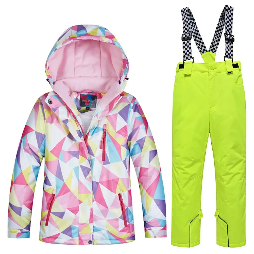 Kids Printed Insulated Snow Coat & Bibs Pants Windproof