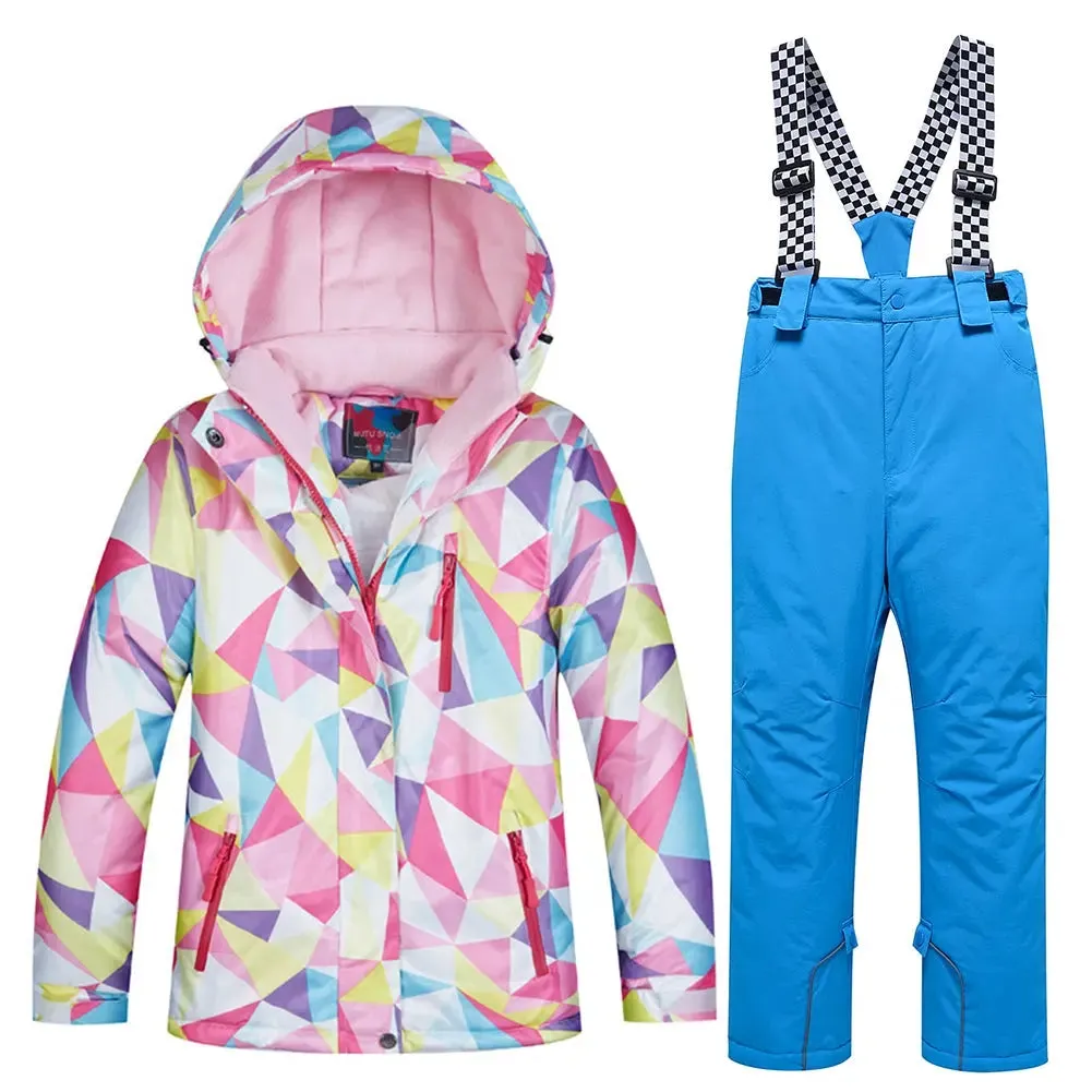 Kids Printed Insulated Snow Coat & Bibs Pants Windproof