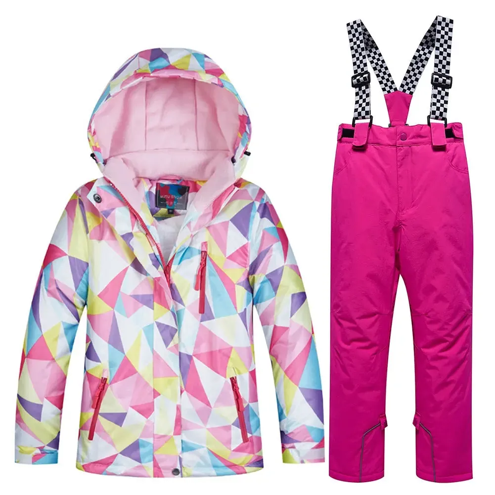 Kids Printed Insulated Snow Coat & Bibs Pants Windproof