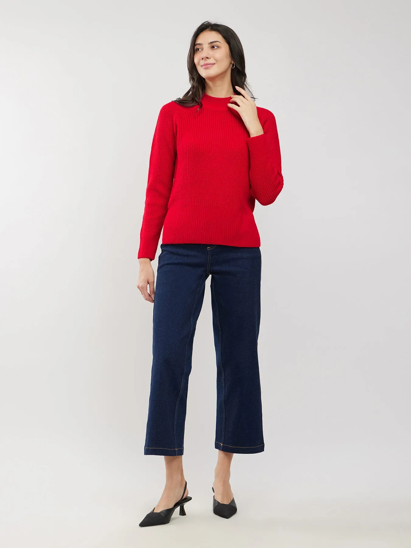 LivSoft Rib Knit High Neck Sweater - Red