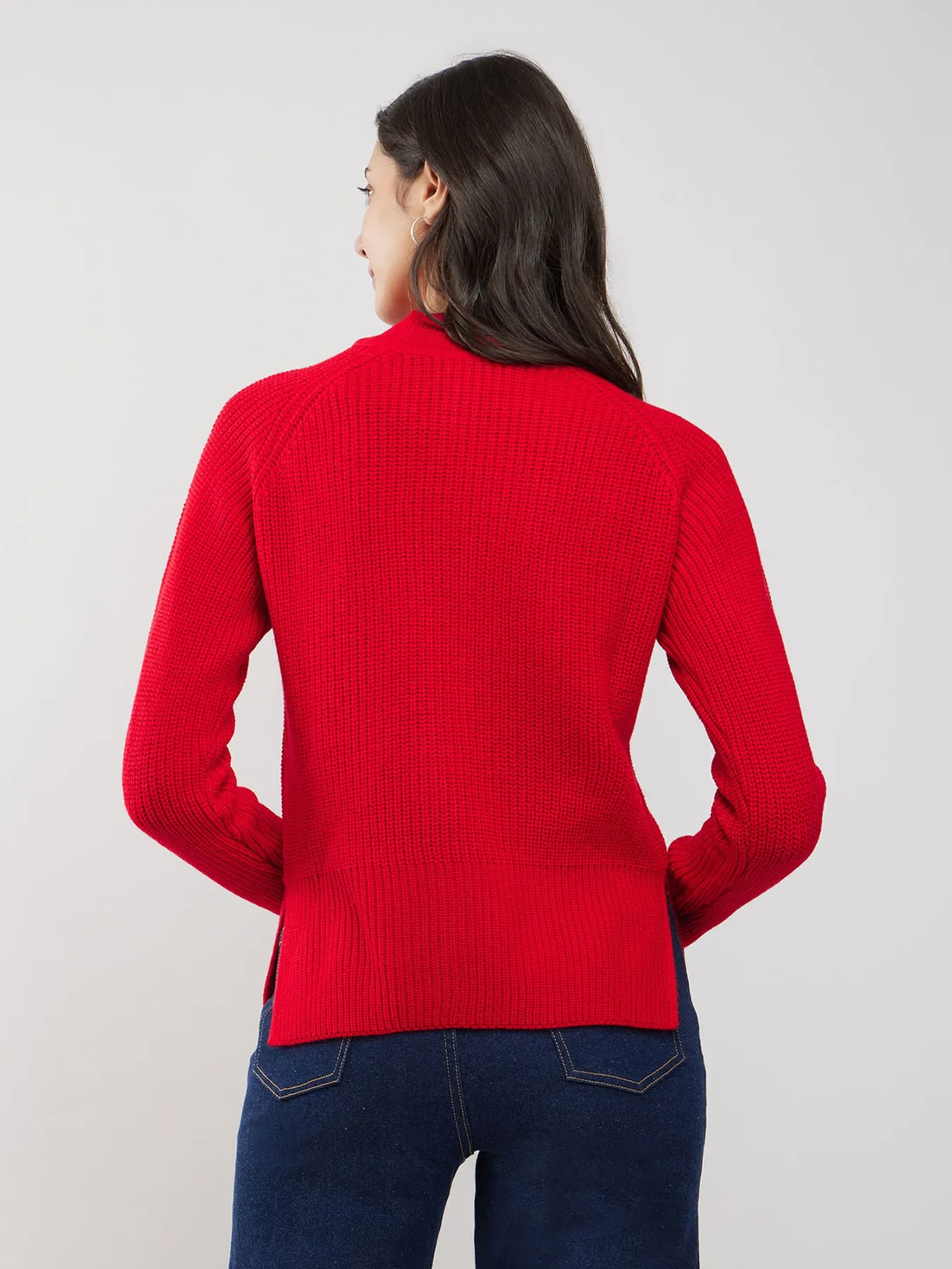 LivSoft Rib Knit High Neck Sweater - Red