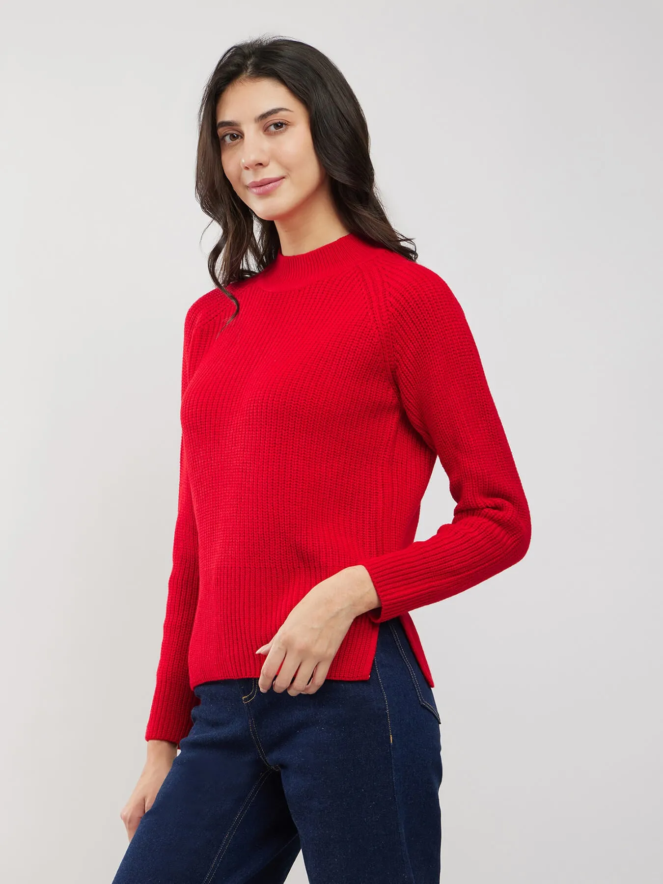 LivSoft Rib Knit High Neck Sweater - Red