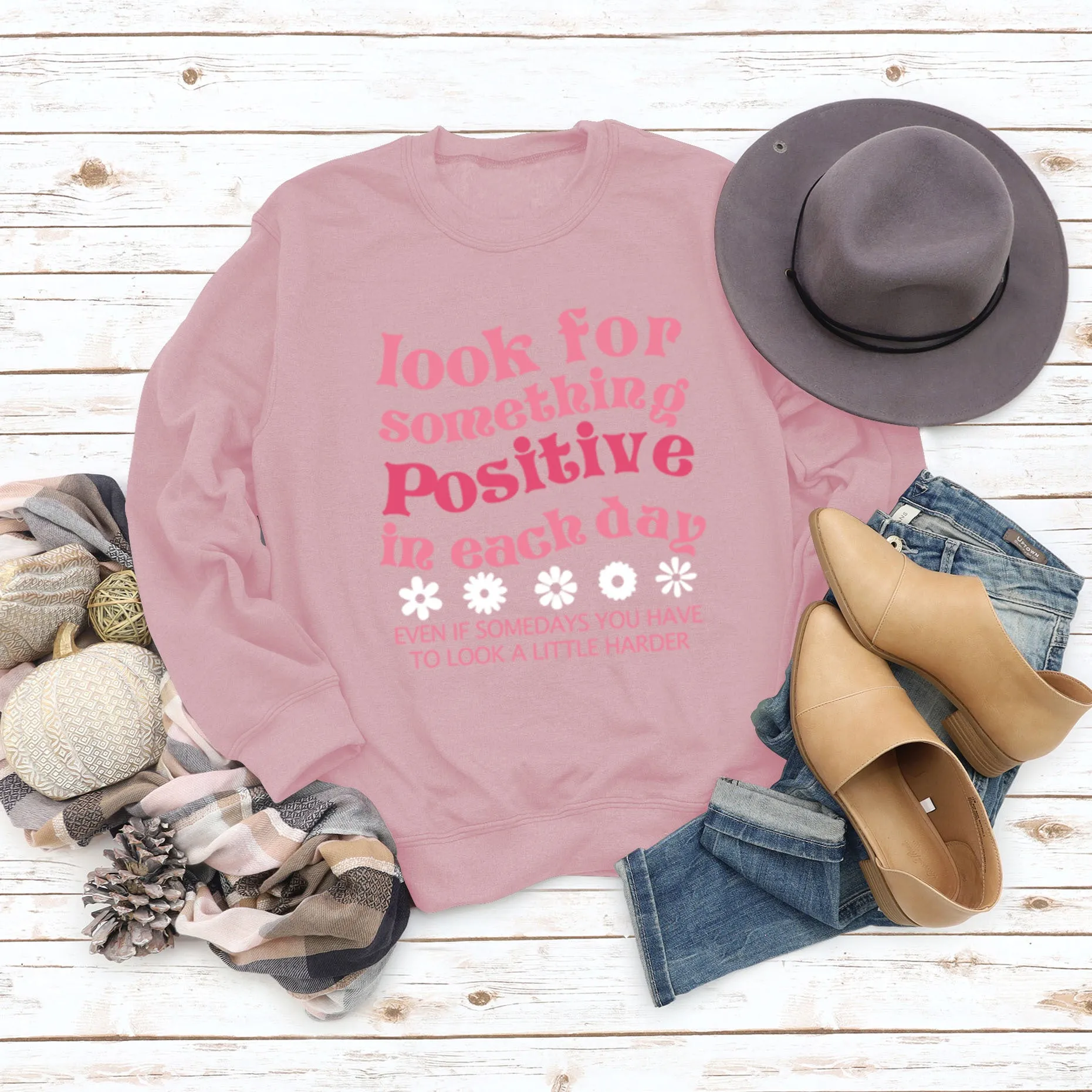 Look for Something Positive Letters Crewneck Loose Sweatshirt Woman