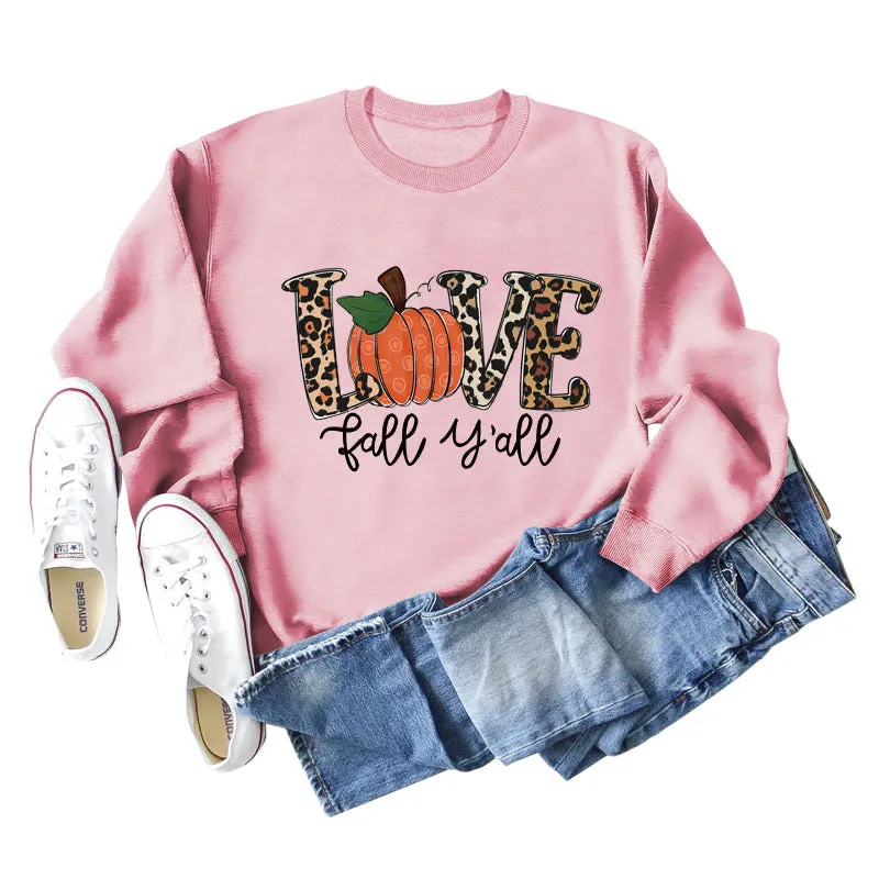 Love Fall Y'all Letters Pumpkin Leopard Print Halloween Long-sleeved Large Size Sweater