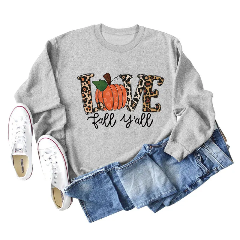 Love Fall Y'all Letters Pumpkin Leopard Print Halloween Long-sleeved Large Size Sweater