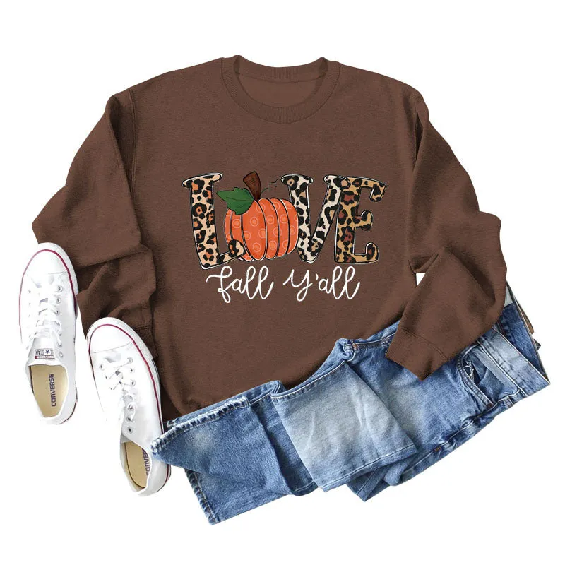 Love Fall Y'all Letters Pumpkin Leopard Print Halloween Long-sleeved Large Size Sweater