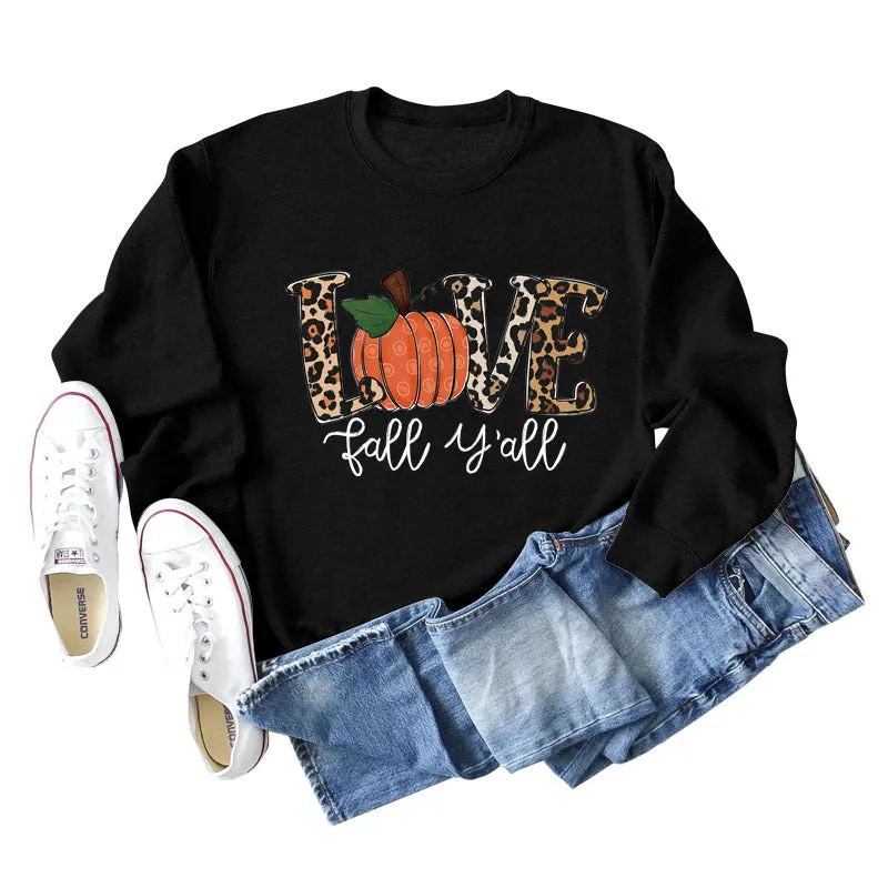 Love Fall Y'all Letters Pumpkin Leopard Print Halloween Long-sleeved Large Size Sweater