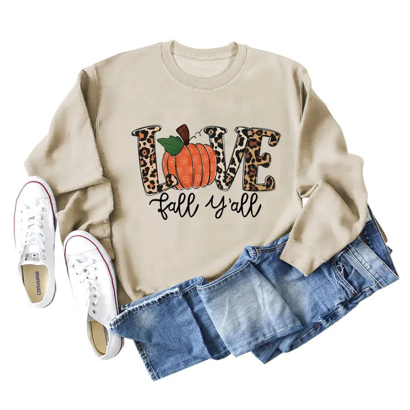 Love Fall Y'all Letters Pumpkin Leopard Print Halloween Long-sleeved Large Size Sweater