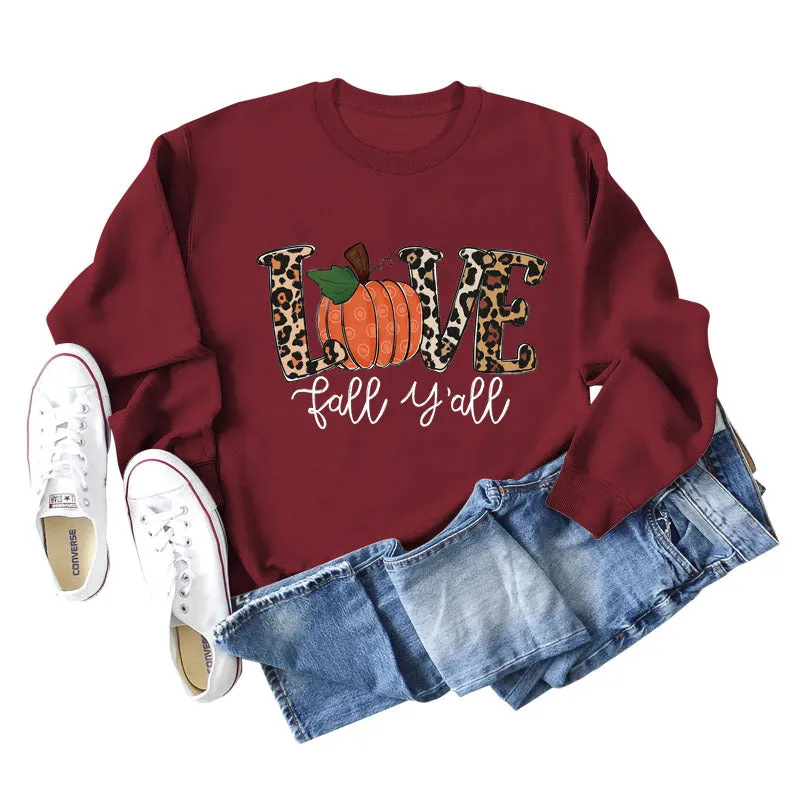 Love Fall Y'all Letters Pumpkin Leopard Print Halloween Long-sleeved Large Size Sweater