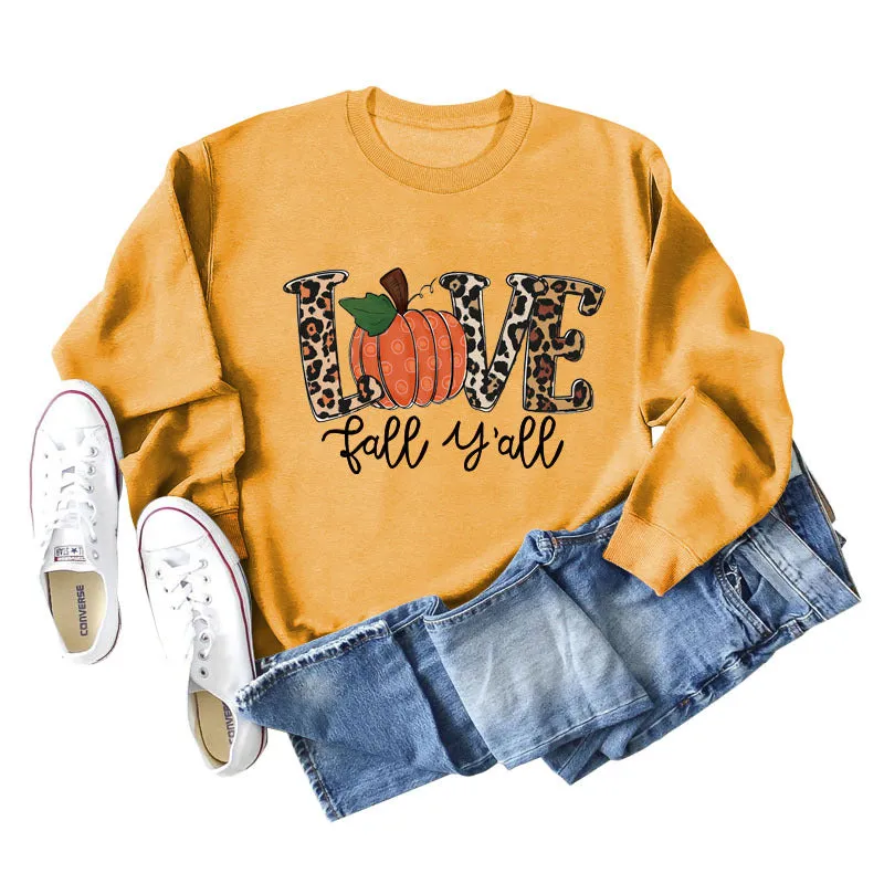 Love Fall Y'all Letters Pumpkin Leopard Print Halloween Long-sleeved Large Size Sweater