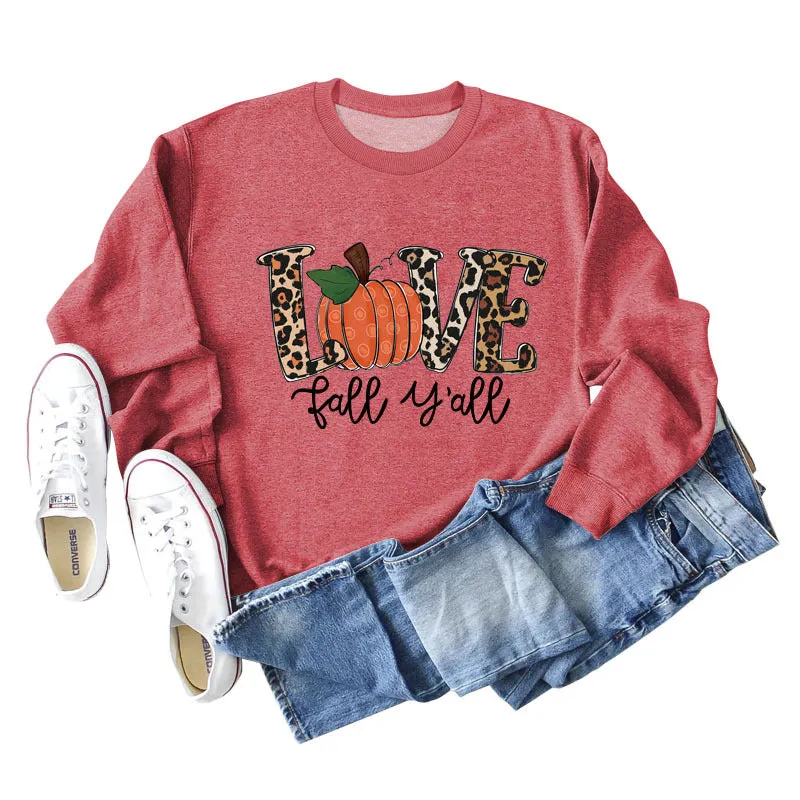 Love Fall Y'all Letters Pumpkin Leopard Print Halloween Long-sleeved Large Size Sweater