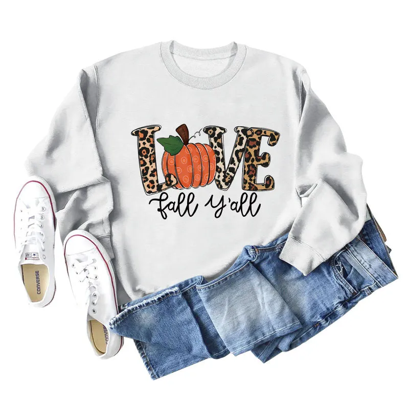 Love Fall Y'all Letters Pumpkin Leopard Print Halloween Long-sleeved Large Size Sweater