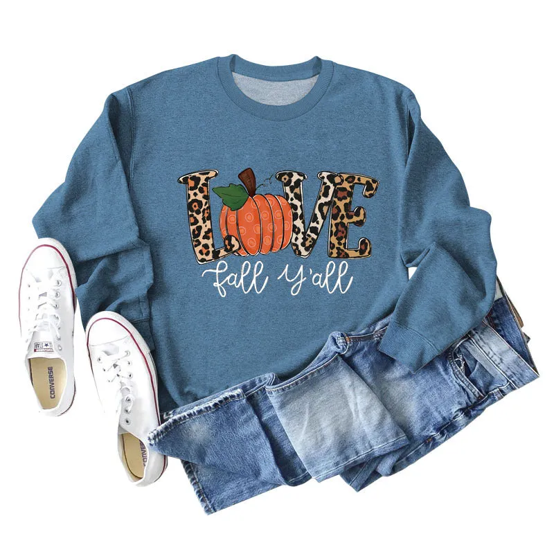 Love Fall Y'all Letters Pumpkin Leopard Print Halloween Long-sleeved Large Size Sweater