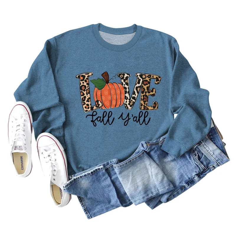 Love Fall Y'all Letters Pumpkin Leopard Print Halloween Long-sleeved Large Size Sweater