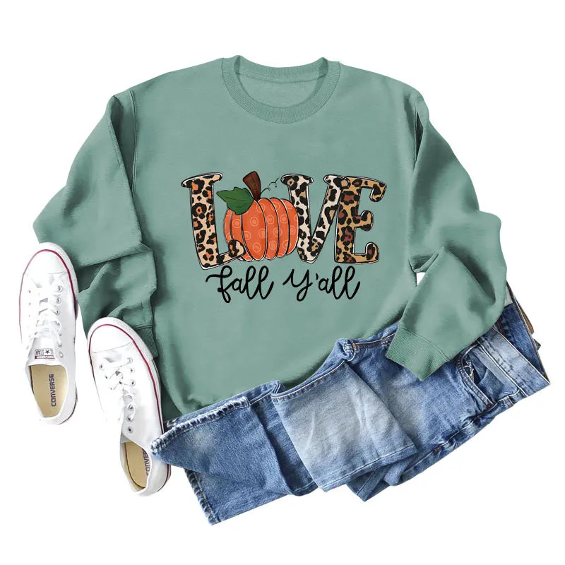 Love Fall Y'all Letters Pumpkin Leopard Print Halloween Long-sleeved Large Size Sweater