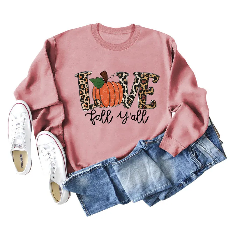 Love Fall Y'all Letters Pumpkin Leopard Print Halloween Long-sleeved Large Size Sweater