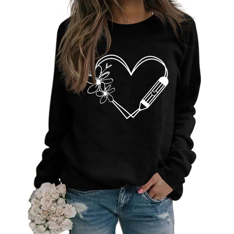 Love Printed Round Neck Loose Casual Large Size Long Sleeve Women's Sweater