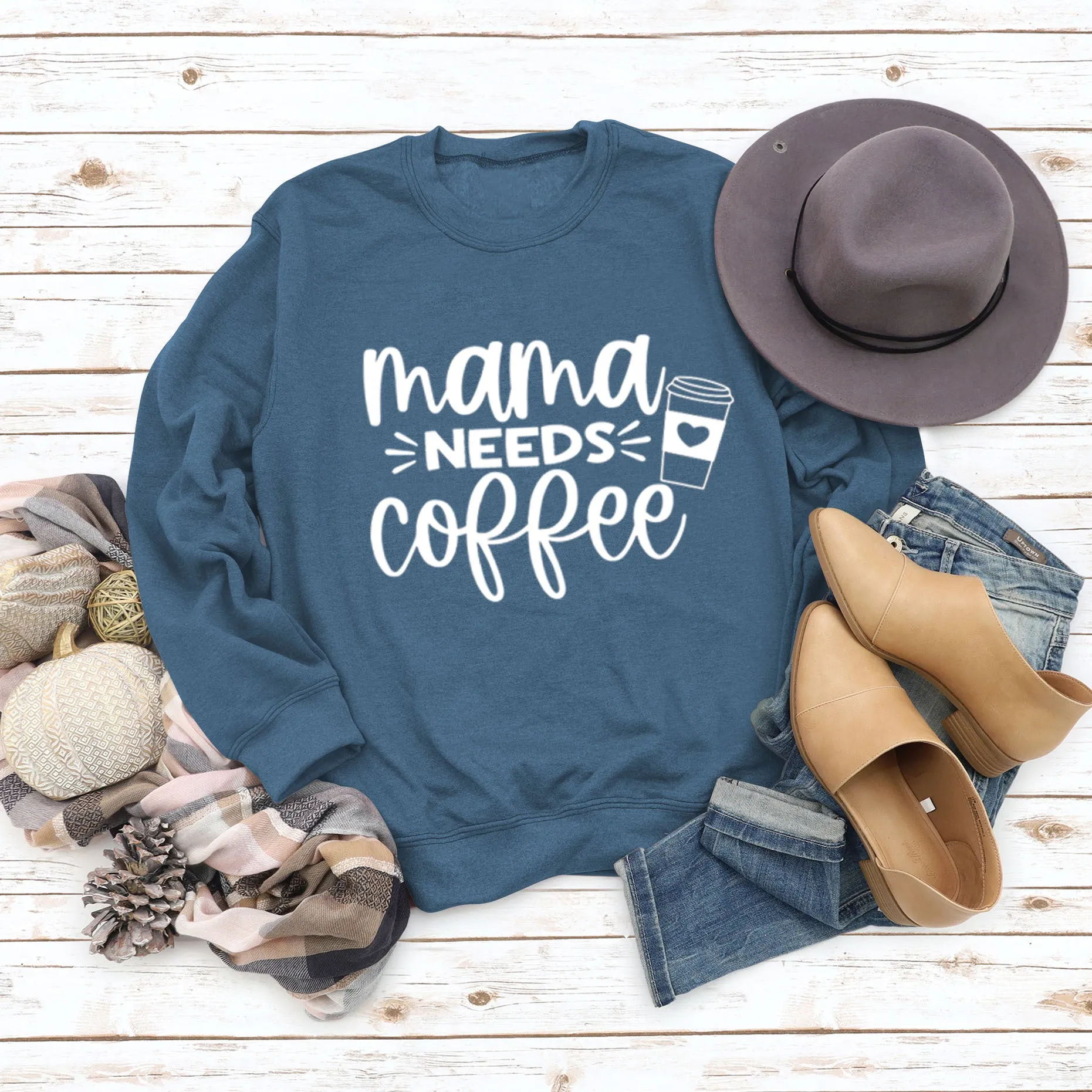 Mama Needs Coffee Cup Letter Round Neck Long Sleeve Sweater Women