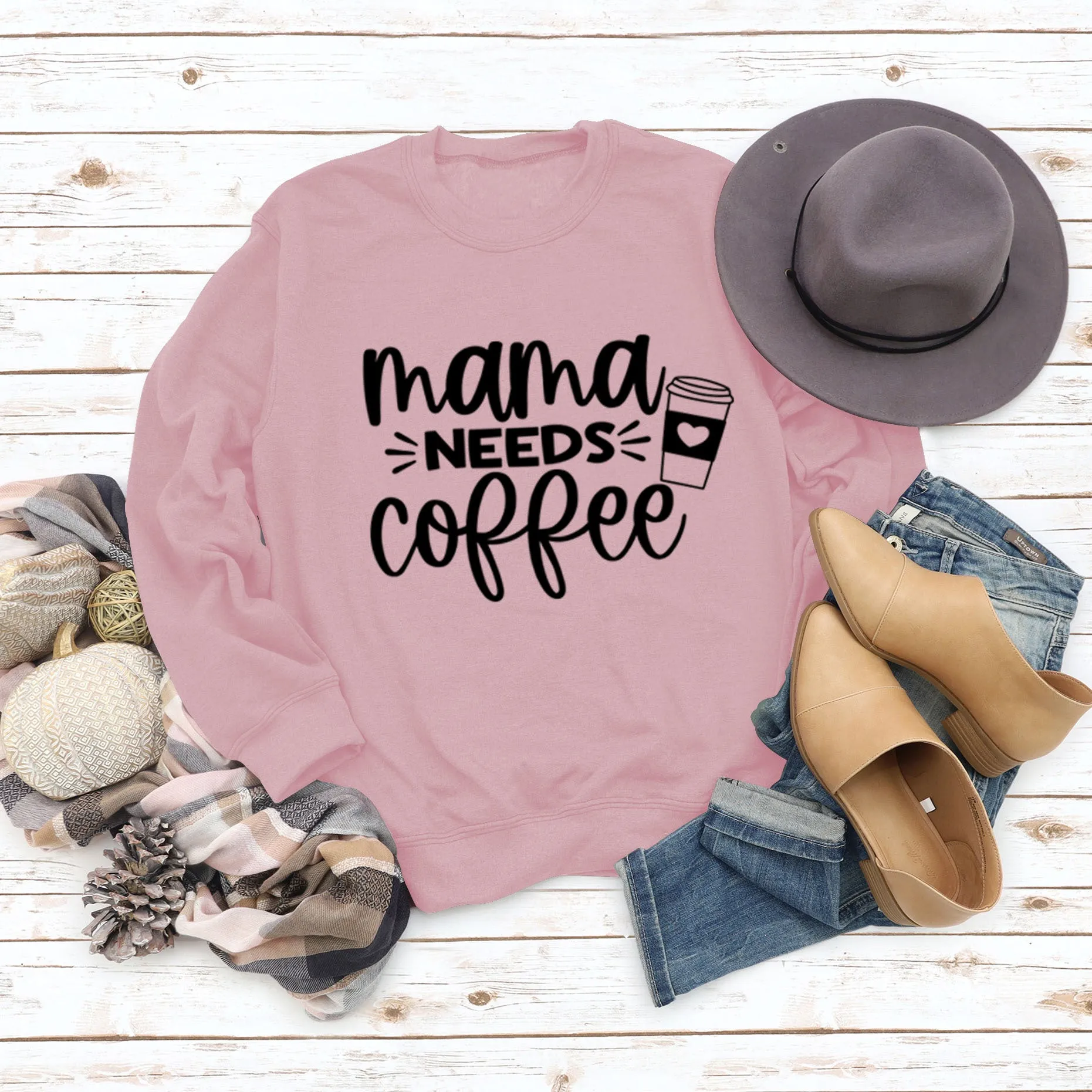 Mama Needs Coffee Cup Letter Round Neck Long Sleeve Sweater Women