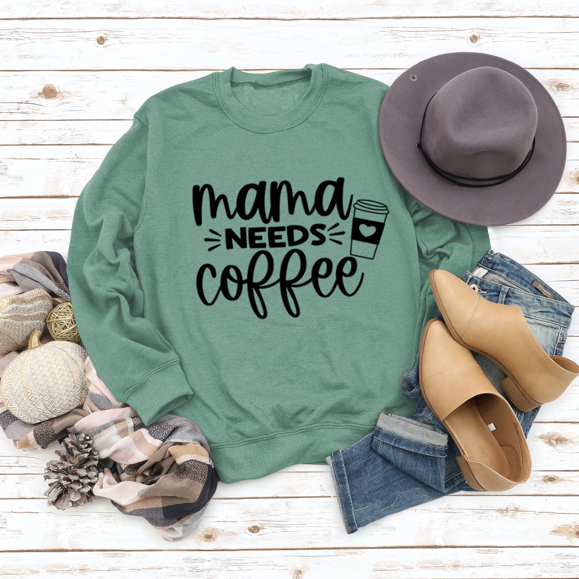 Mama Needs Coffee Cup Letter Round Neck Long Sleeve Sweater Women