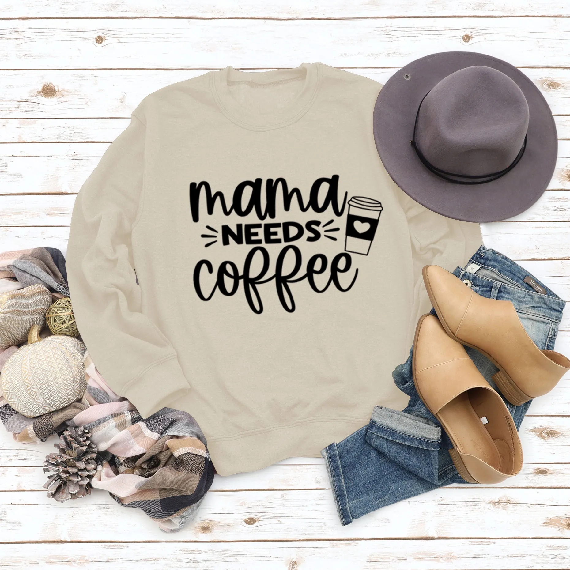 Mama Needs Coffee Cup Letter Round Neck Long Sleeve Sweater Women