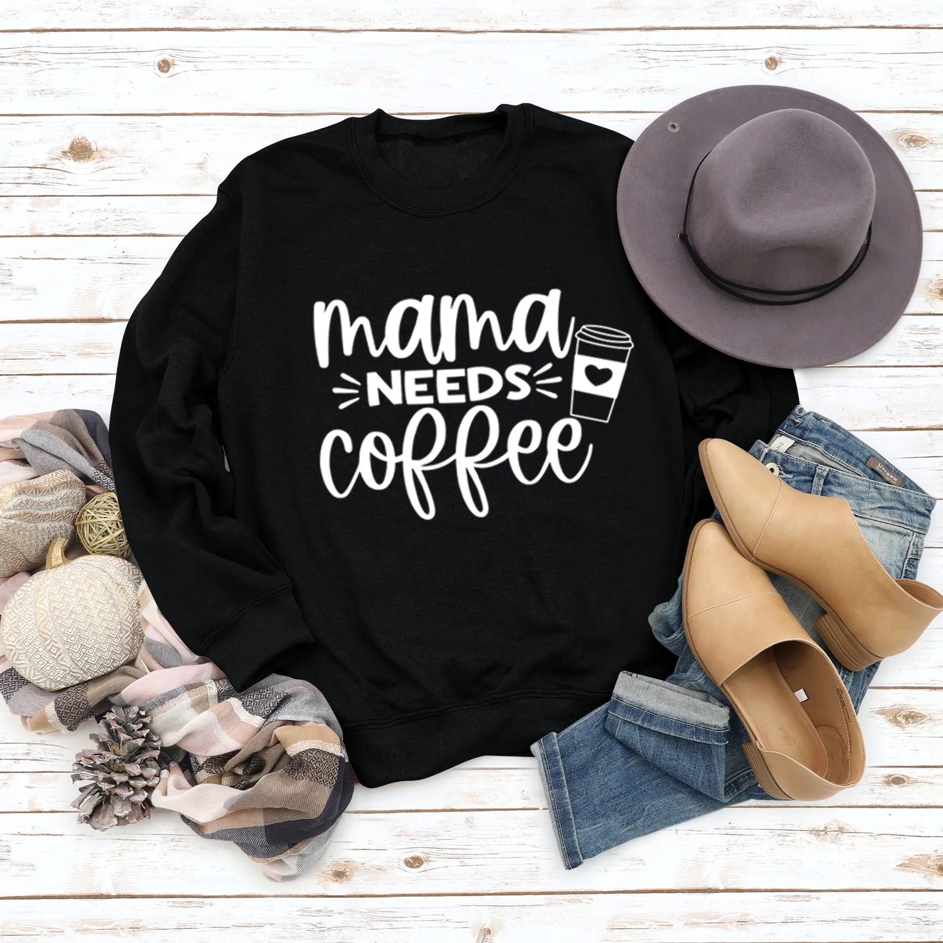 Mama Needs Coffee Cup Letter Round Neck Long Sleeve Sweater Women