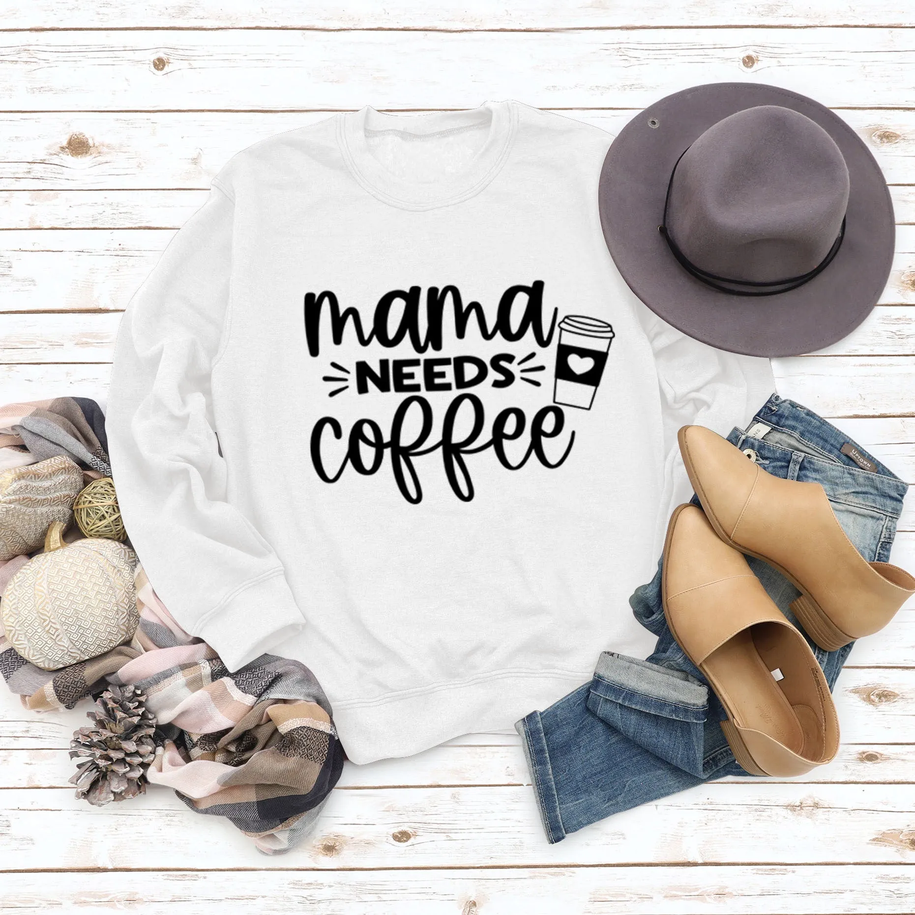 Mama Needs Coffee Cup Letter Round Neck Long Sleeve Sweater Women