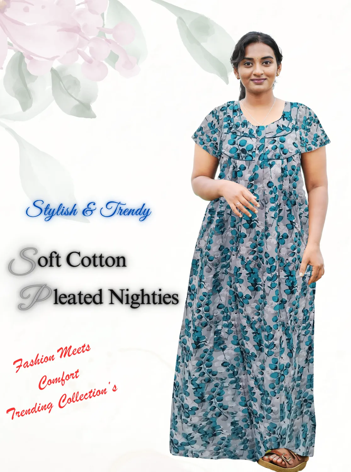 MANGAI New Regular Fit Cotton Printed Pleated Nighties - All Over Printed Stylish Nighties | Side Cut Pocket | Front Open Zipper Type | Beautiful Nighties for Stylish Women's (PLE)