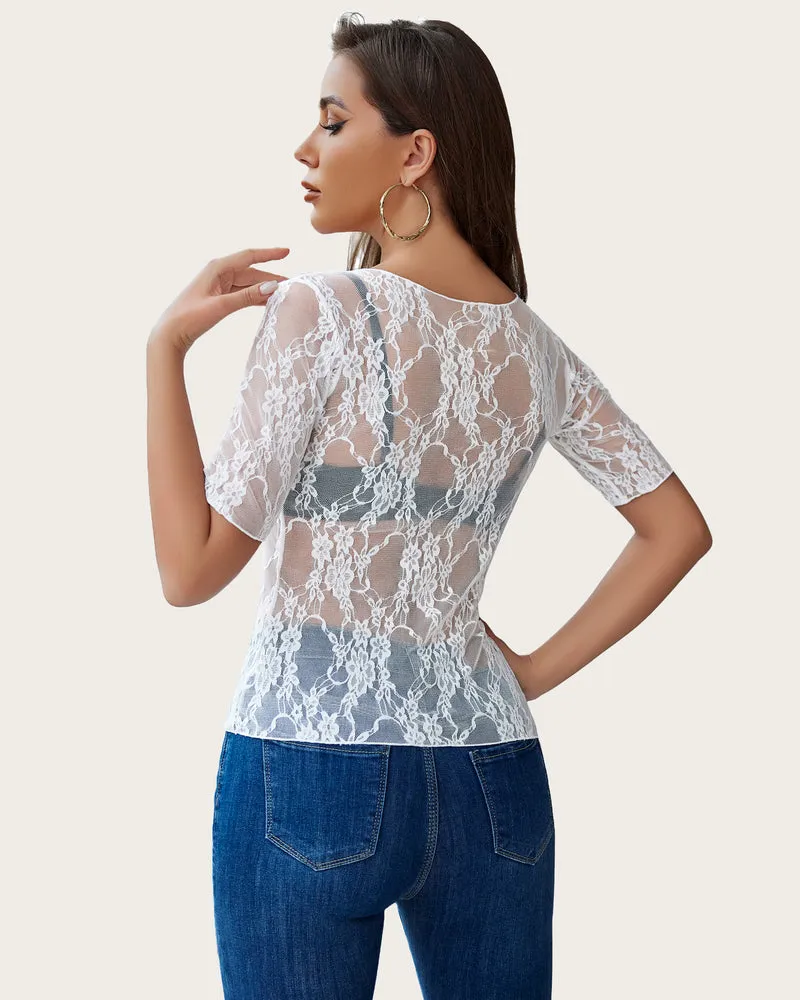 Mesh Top Short Sleeve Floral Lace Tee Shirts