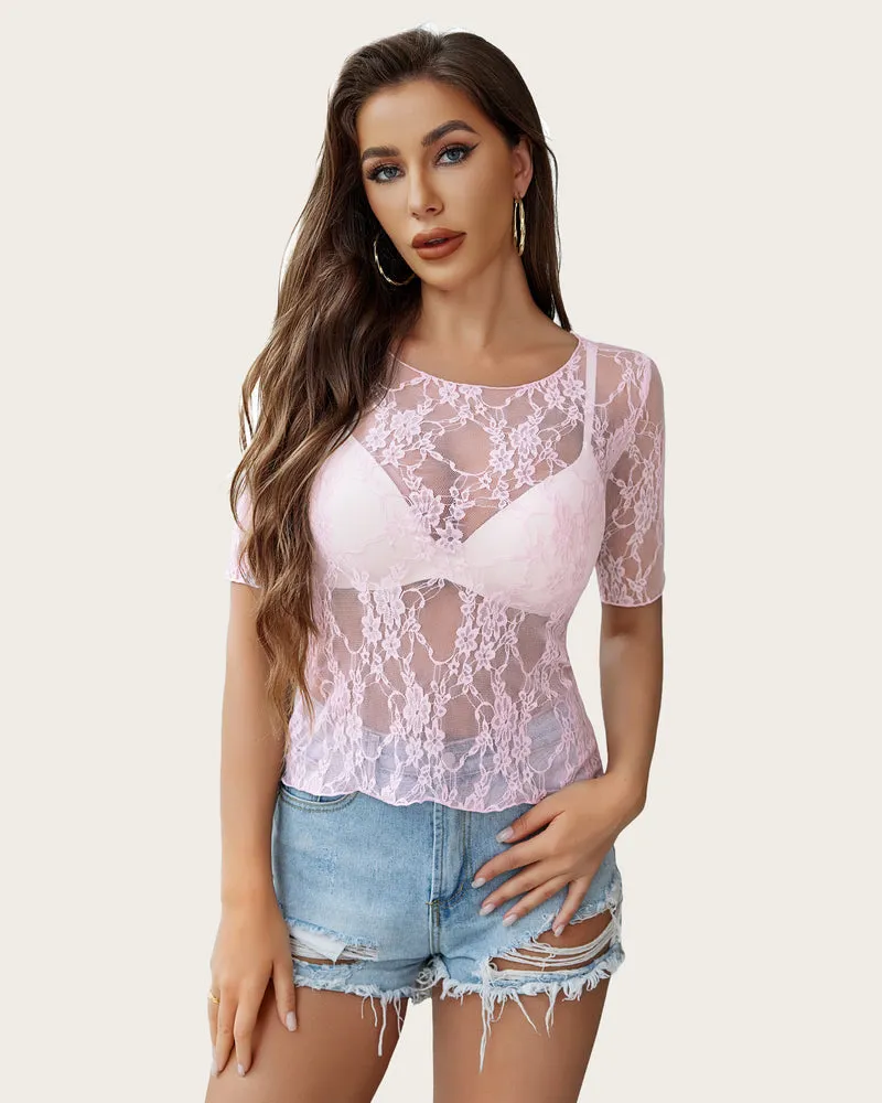 Mesh Top Short Sleeve Floral Lace Tee Shirts