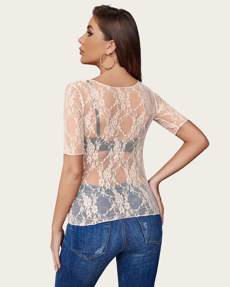 Mesh Top Short Sleeve Floral Lace Tee Shirts