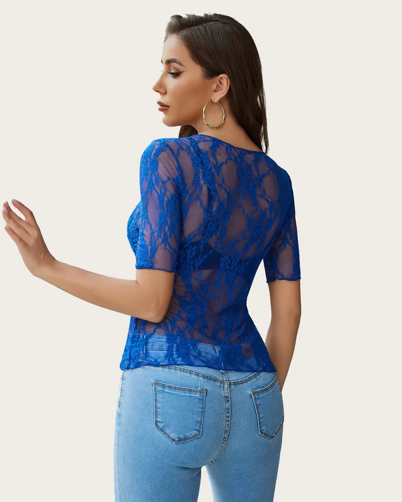 Mesh Top Short Sleeve Floral Lace Tee Shirts