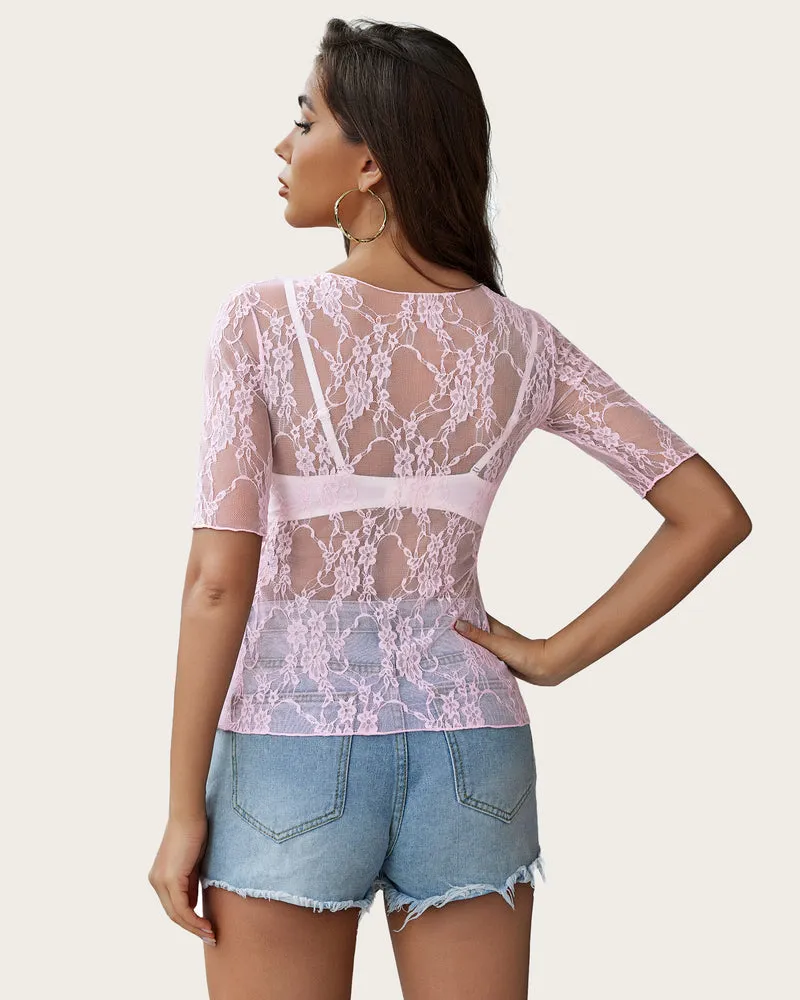 Mesh Top Short Sleeve Floral Lace Tee Shirts