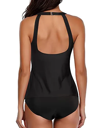 Modest Halter Tankini 2 Piece Bathing Suit With Shorts-Black