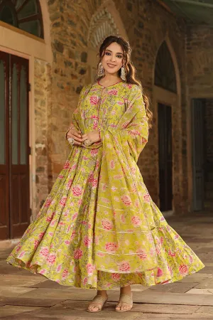 Rida Tiered Green Long Floral Printed Suit Set With Pant And Dupatta