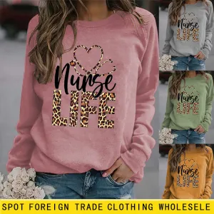 Round Neck Letter Tops Women's Long Sleeve Nunse Life Loose Sweatshirt