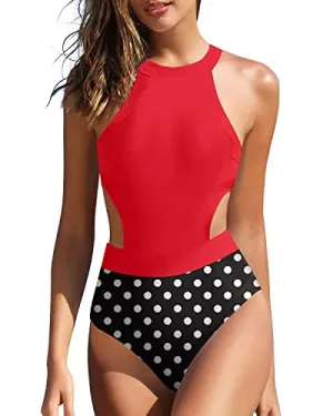 Slimming Stylish Open Back High Neck Bathing Suit For Women-Red Dot