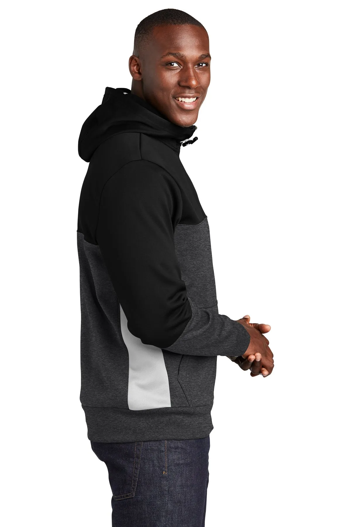 Sport-Tek Tech Fleece Colorblock Branded Full-Zip Hooded Jackets, Black/ Graphite Heather/ White