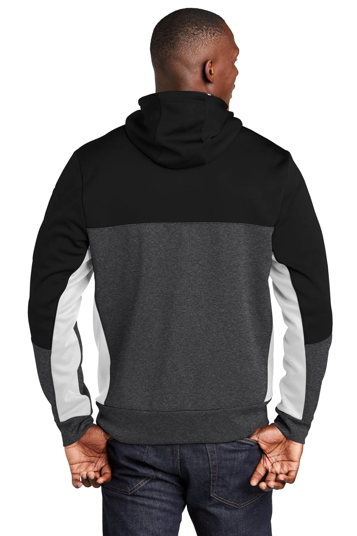 Sport-Tek Tech Fleece Colorblock Branded Full-Zip Hooded Jackets, Black/ Graphite Heather/ White