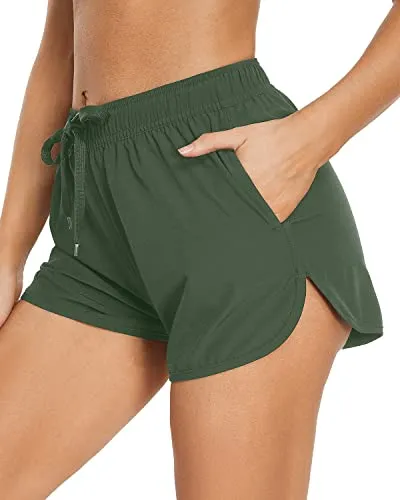 Sporty Boardshorts Pockets Swim Shorts For Women-Olive Green