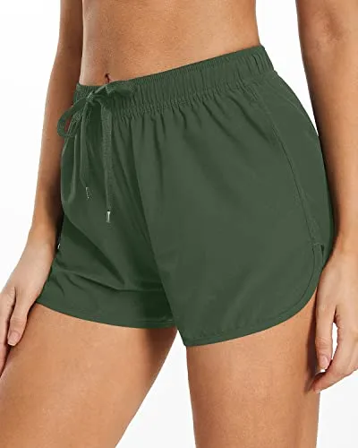 Sporty Boardshorts Pockets Swim Shorts For Women-Olive Green