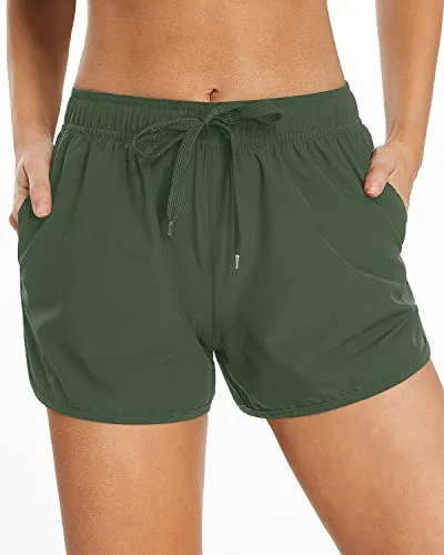 Sporty Boardshorts Pockets Swim Shorts For Women-Olive Green