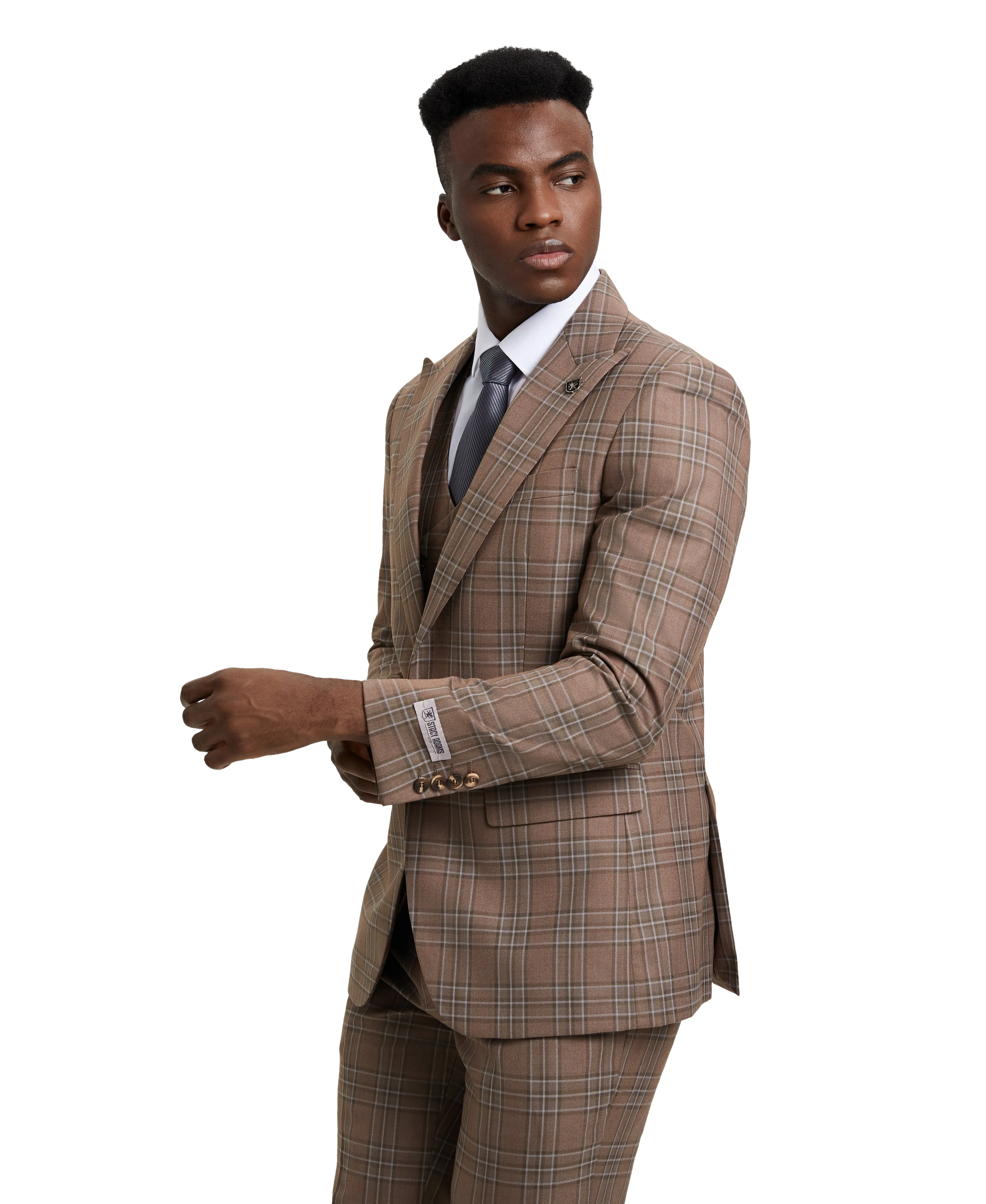 Stacy Adams Hybrid-Fit Double-Breast Vested Suit, Windowpane Brown